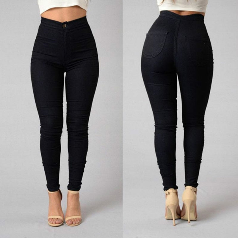 Calça jeans skinny feminina de cor sólida e cintura alta