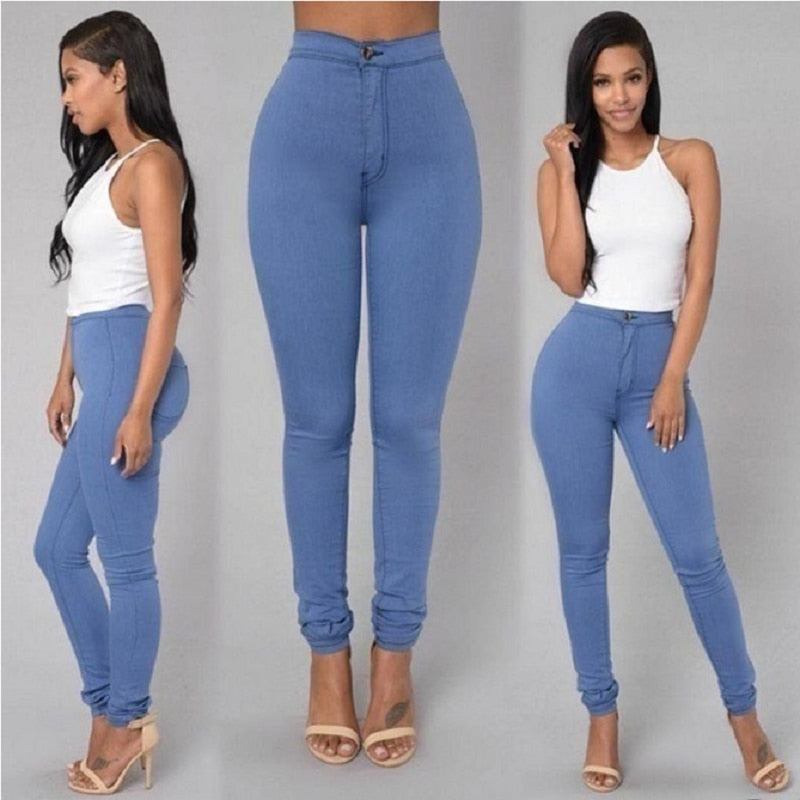 Calça jeans skinny feminina de cor sólida e cintura alta