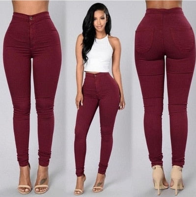 Calça jeans skinny feminina de cor sólida e cintura alta