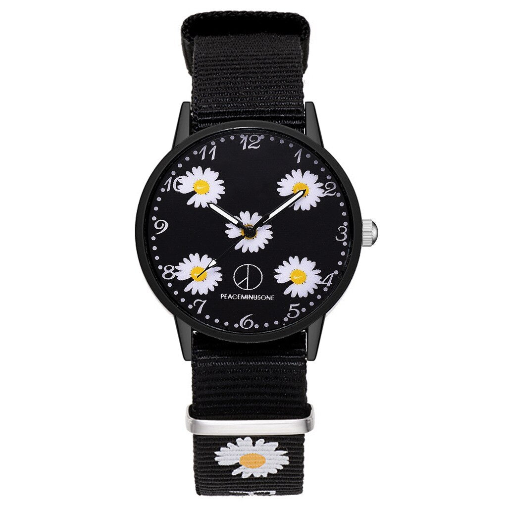 Relógio feminino com pulseira de nylon e mostrador flores de margarida