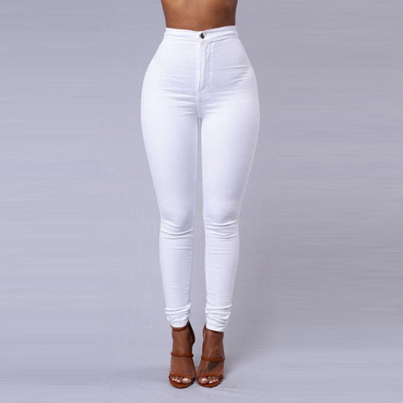 Calça jeans skinny feminina de cor sólida e cintura alta