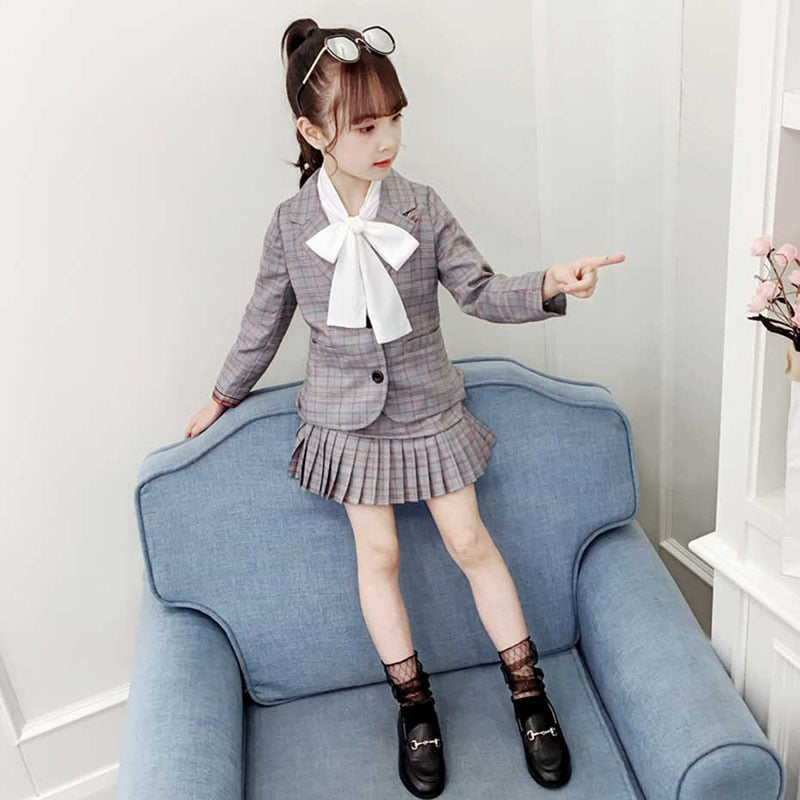 Roupa plissada infantil, saia e jaqueta para meninas, uniforme escolar de inverno