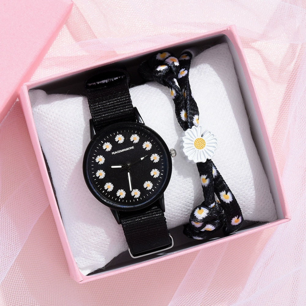Relógio feminino com pulseira de nylon e mostrador flores de margarida