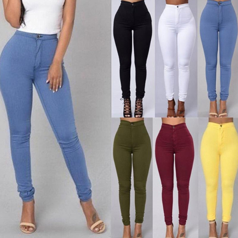 Calça jeans skinny feminina de cor sólida e cintura alta