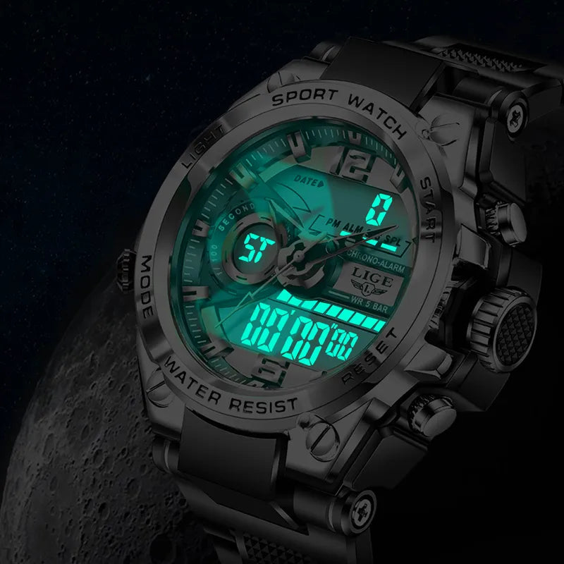 Relógio Digital Masculino Militar  LIGE 50m Relógio de Pulso À Prova D 'Água