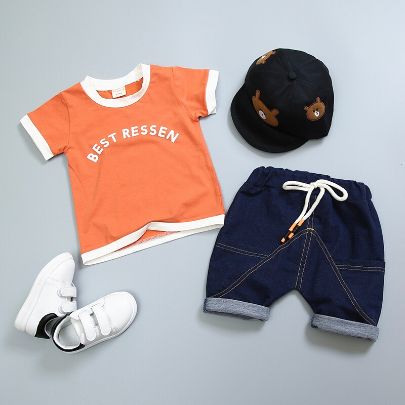 Conjunto infantil masculino de algodão com 2 peças camiseta + short