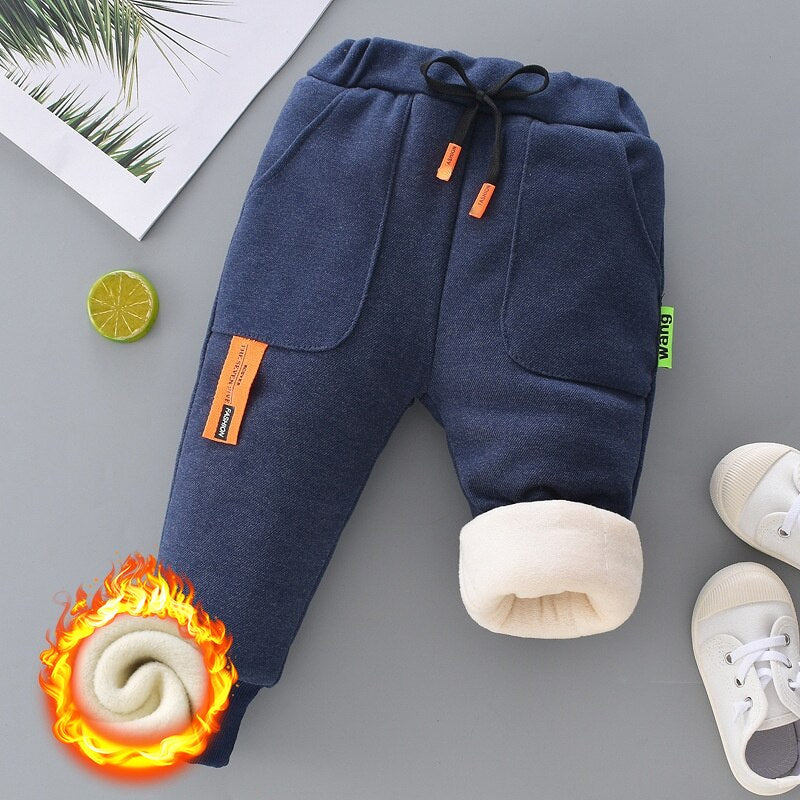 Calça infantil masculina com cintura elástica e velo acolchoado