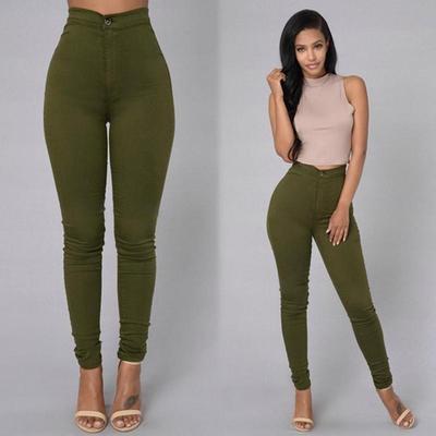 Calça jeans skinny feminina de cor sólida e cintura alta