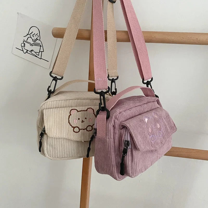 Bolsa transversal fofa em veludo cotelê para meninas estilo casual