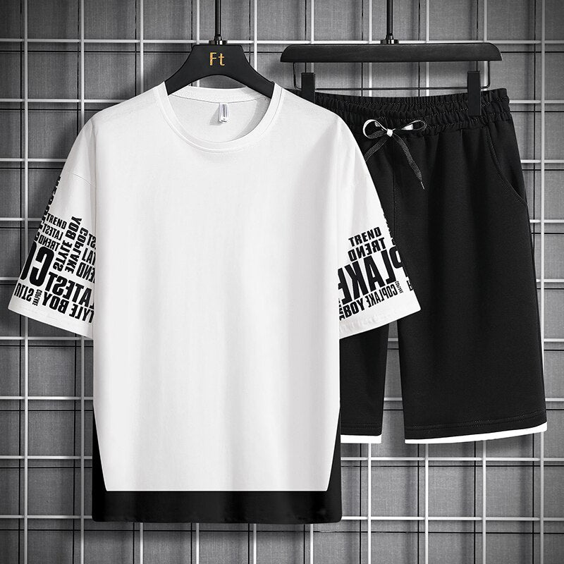 Conjunto masculino de 2 peças esportivo de algodão camiseta + short