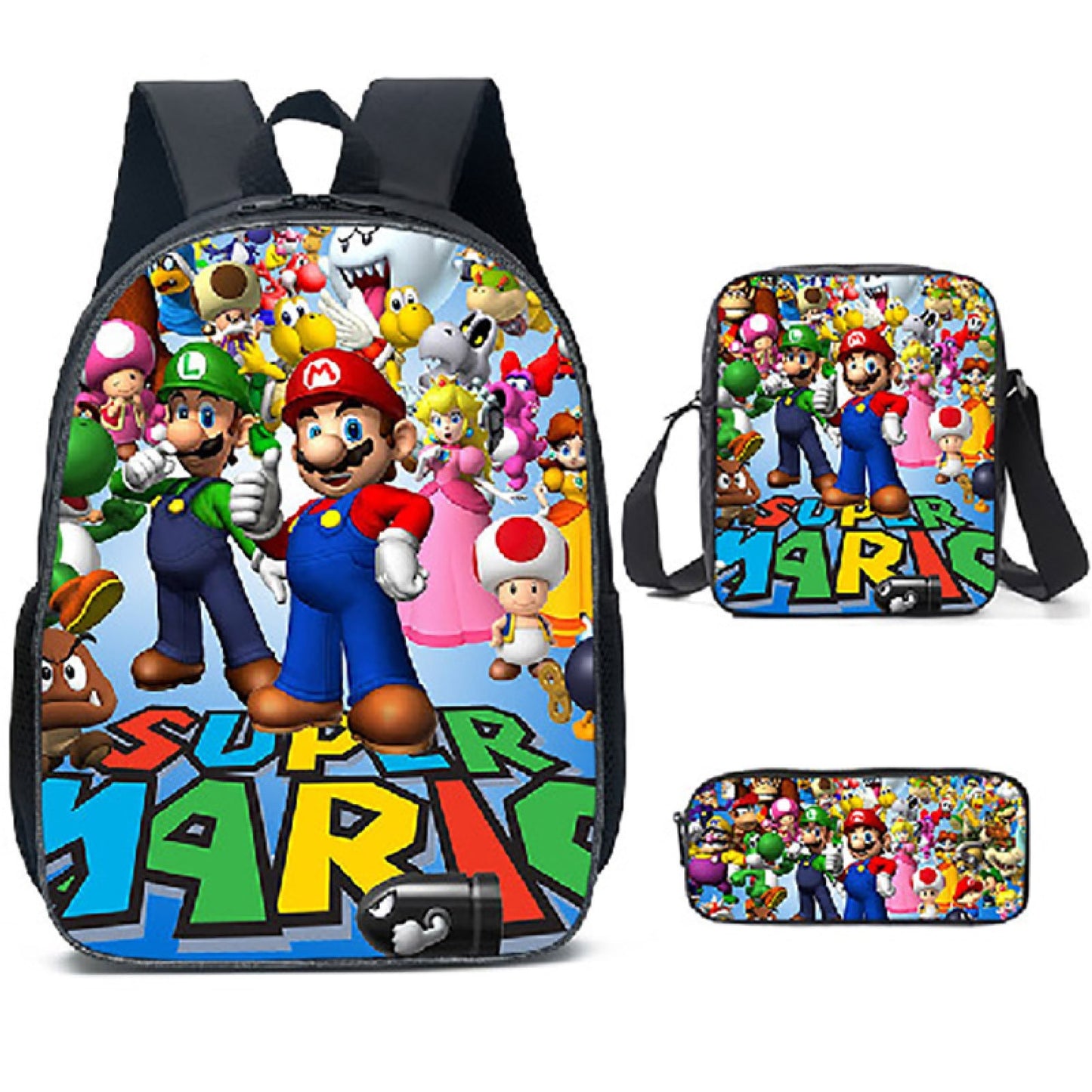 Kit escolar infantil do anime Super Mario com 3 peças bolsa +lancheira + estojo