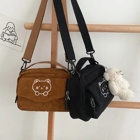 Bolsa transversal fofa em veludo cotelê para meninas estilo casual