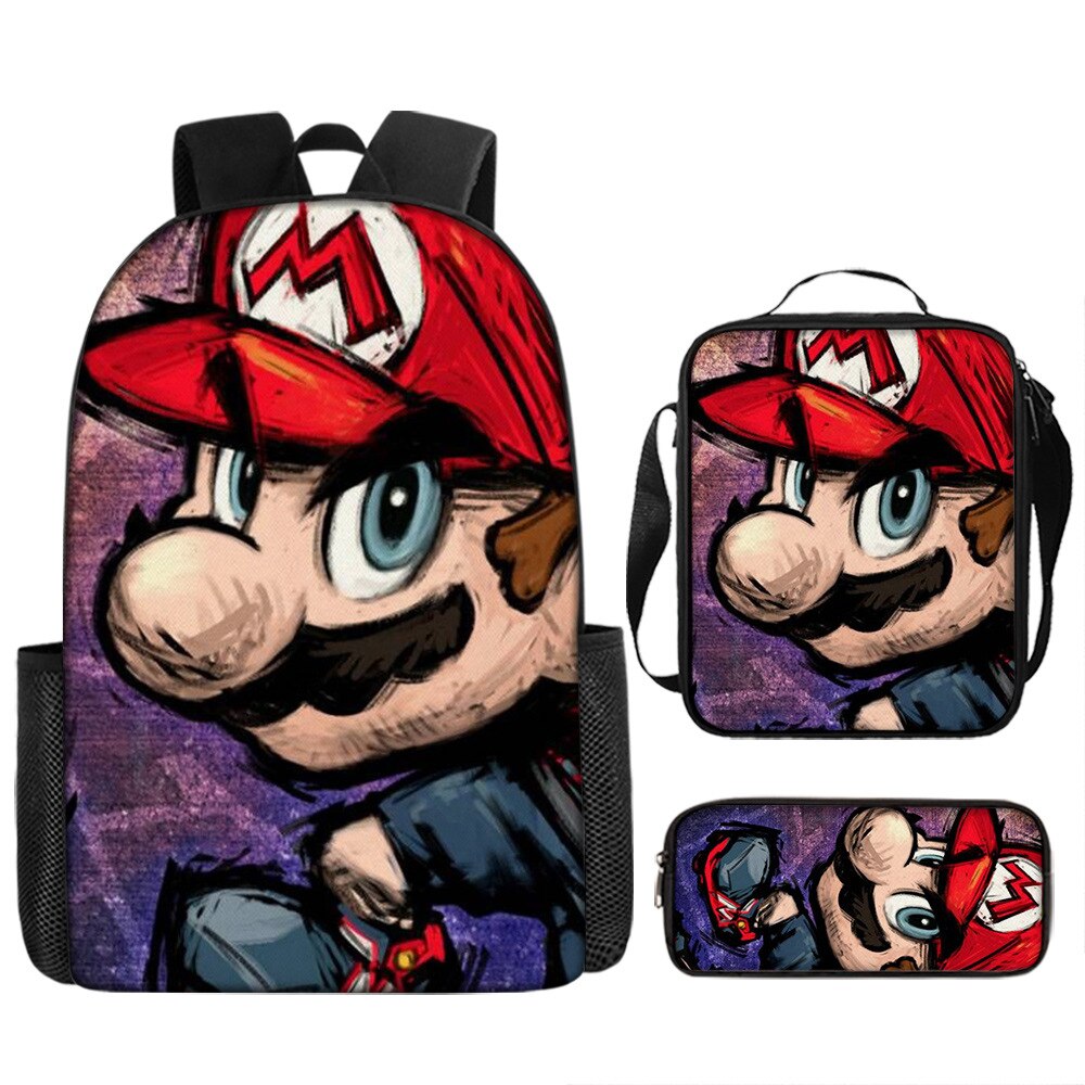 Kit escolar infantil do anime Super Mario com 3 peças bolsa +lancheira + estojo