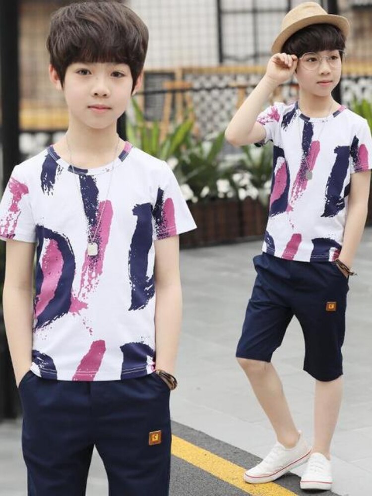 Conjunto de roupas esportivas para meninos, camiseta de manga curta + calças de verão