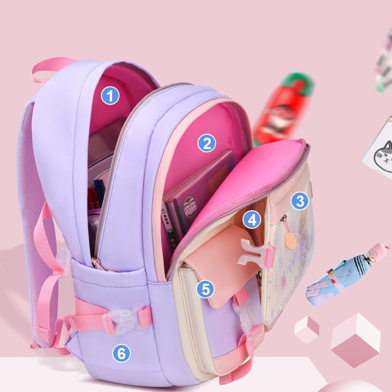 Mochila infantil para meninas com vários bolsos e coelhinho fofo