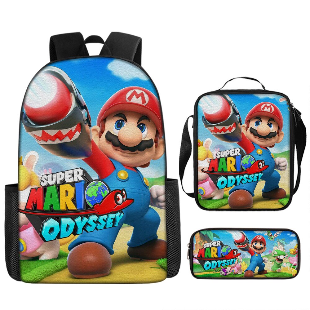 Kit escolar infantil do anime Super Mario com 3 peças bolsa +lancheira + estojo