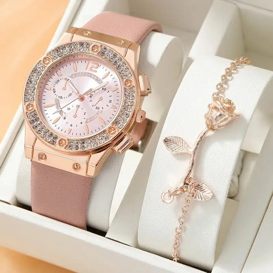 Conjunto de relógio feminino quartzo de luxo: 1 pulseira + relógio moda casual