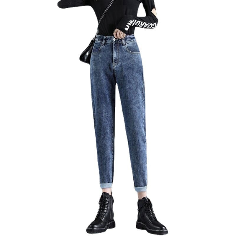 Jeans de cintura alta feminina slim com forro de pelúcia