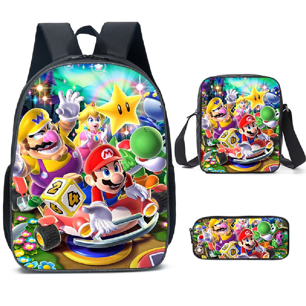 Kit escolar infantil do anime Super Mario com 3 peças bolsa +lancheira + estojo