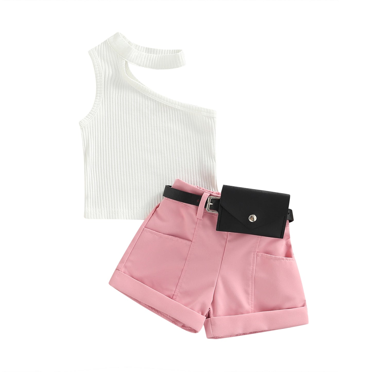 Conjunto infantil feminino 3 peças short+bolsa de cintura+regata