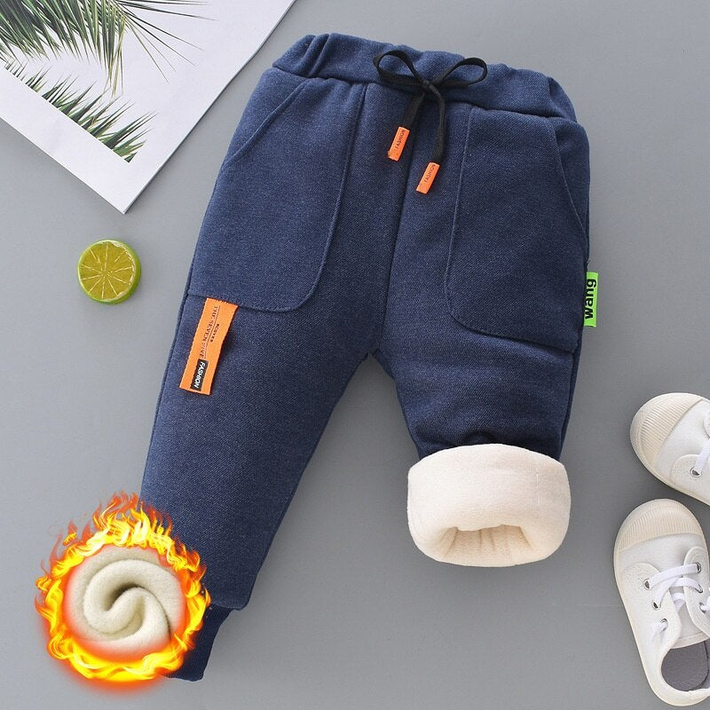 Calça infantil masculina com cintura elástica e velo acolchoado