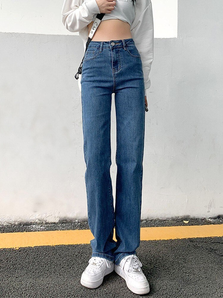 Calça jeans reta feminina de cintura alta vintage clássico