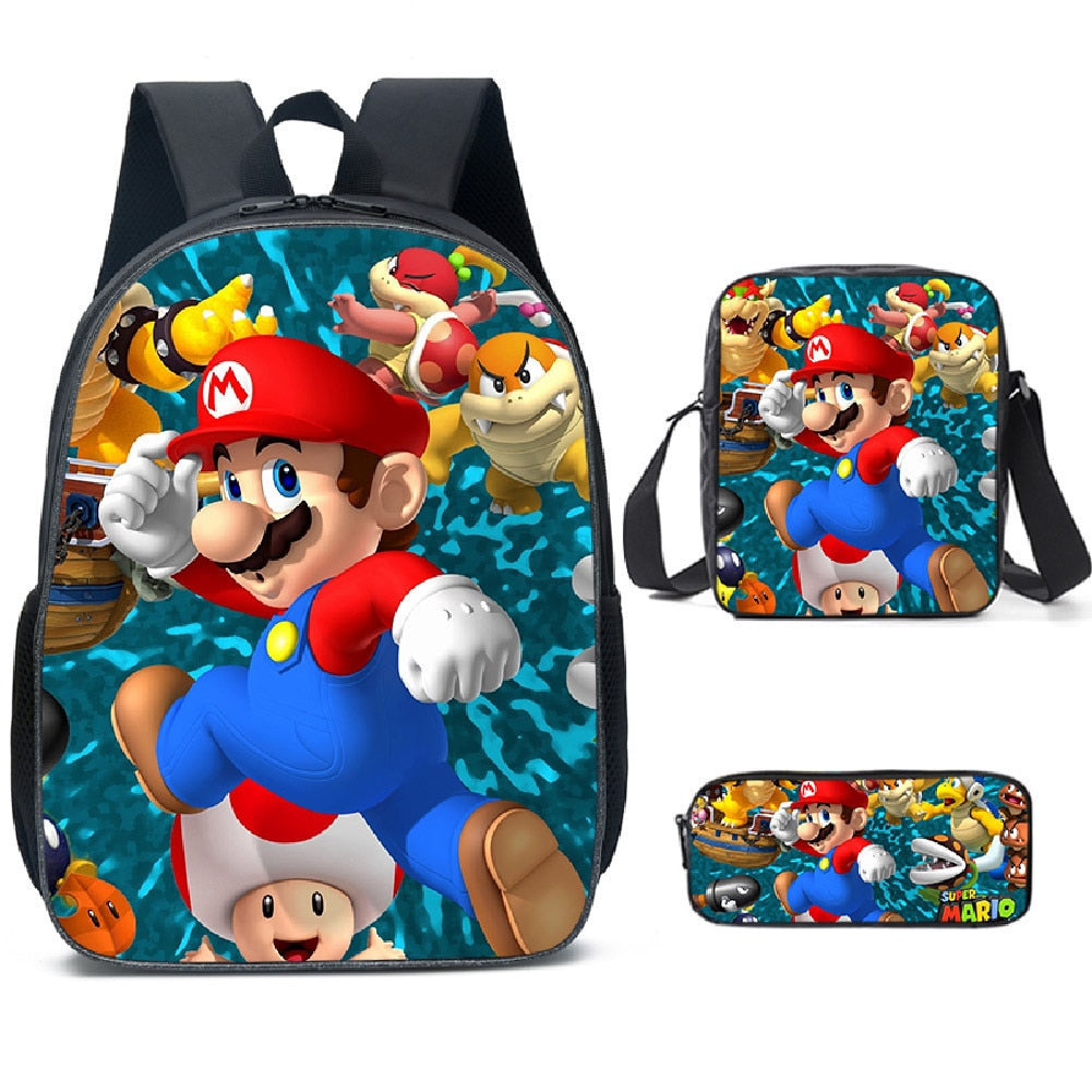 Kit escolar infantil do anime Super Mario com 3 peças bolsa +lancheira + estojo