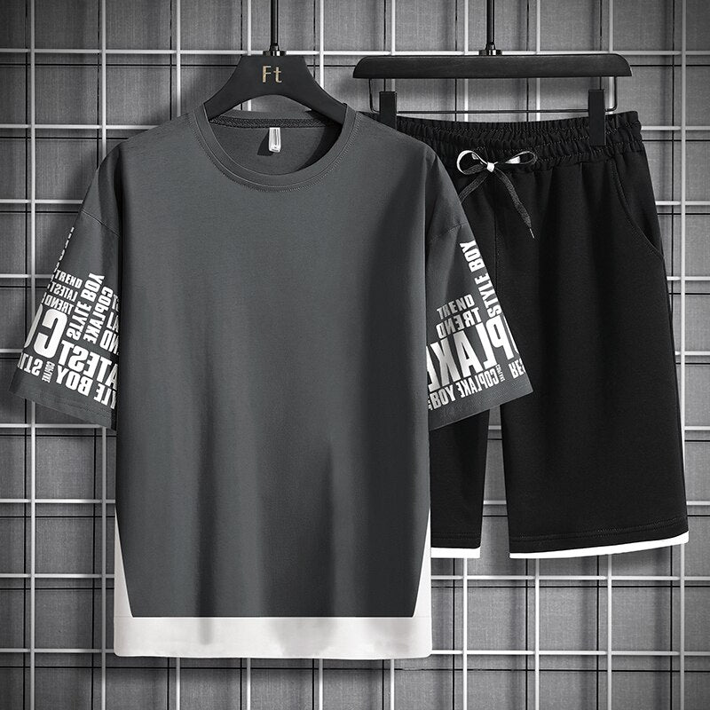 Conjunto masculino de 2 peças esportivo de algodão camiseta + short