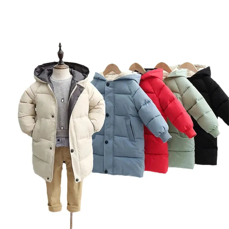 Casaco de algodão acolchoado para crianças, jaqueta longa e quente de inverno para meninos e meninas