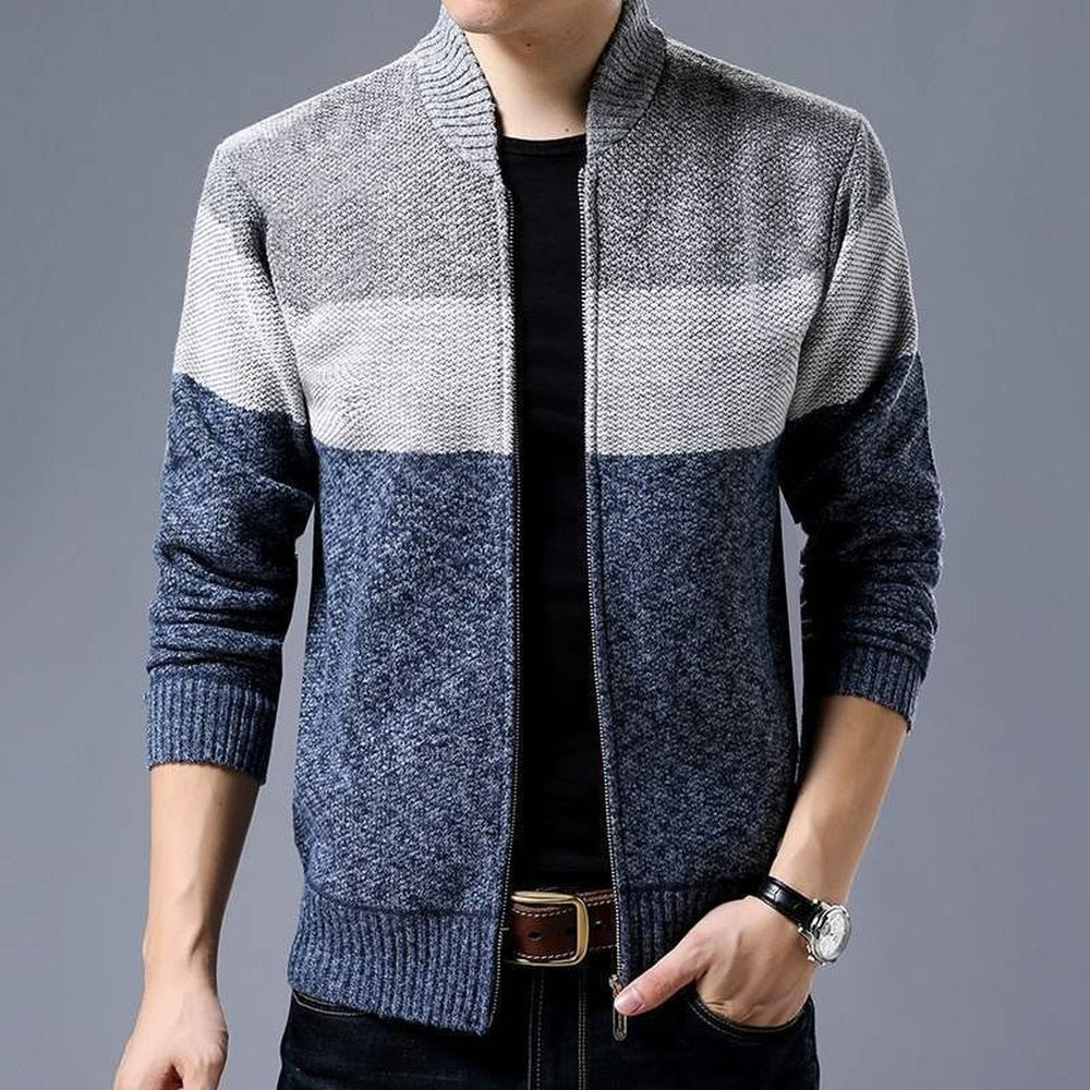 Jaqueta de malha cardigan masculina com costura colorblock