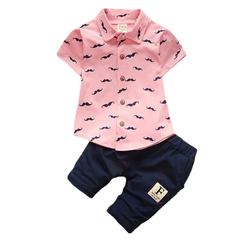 Conjunto infantil de menino moda verão: camisa curta polo + short de algodão com bolsos