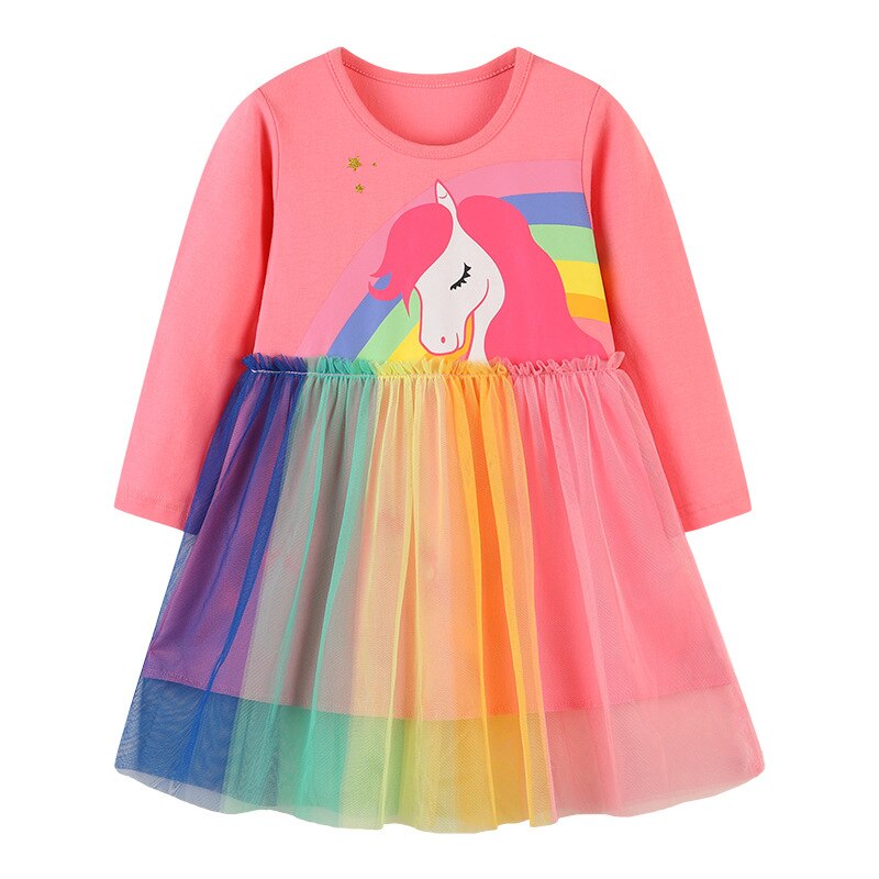 Vestido infantil feminino com manga comprida e desenhos animados