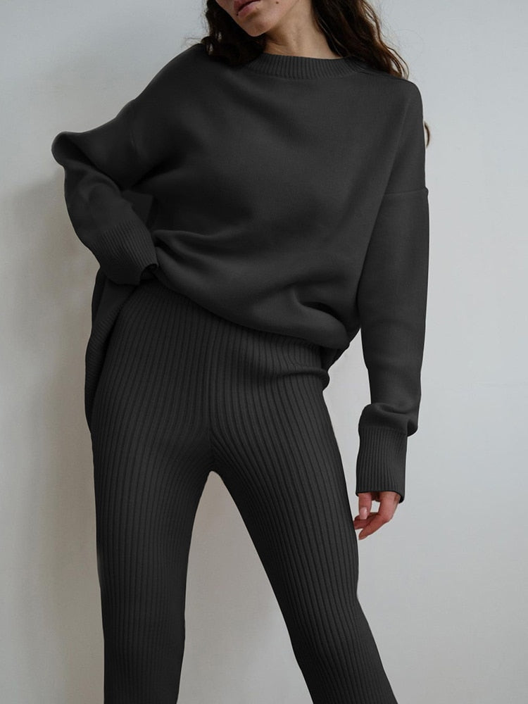 Conjunto feminino de malha com 2 peças calça + pulôver de manga longa