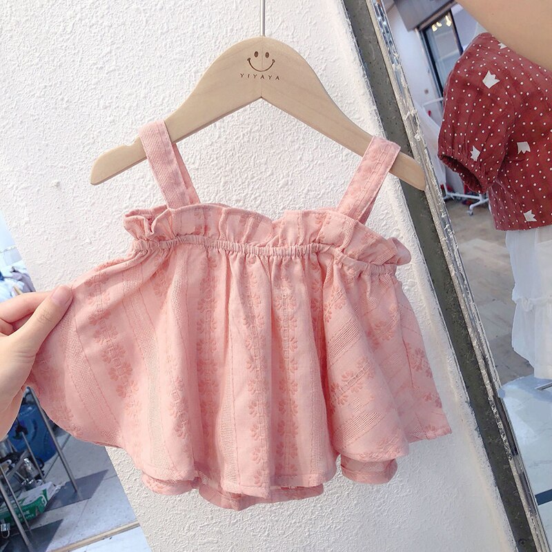 Conjunto de roupa infantil feminino suspensório rosa + short branco