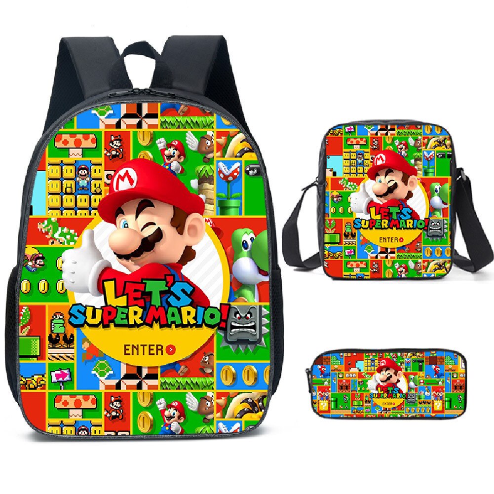 Kit escolar infantil do anime Super Mario com 3 peças bolsa +lancheira + estojo