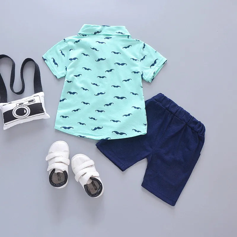 Conjunto infantil de menino moda verão: camisa curta polo + short de algodão com bolsos