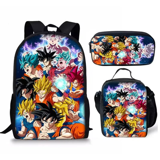 Kit escolar para meninos com 3 peças  Anime Dragon Ball, mochila + estojo + lancheira