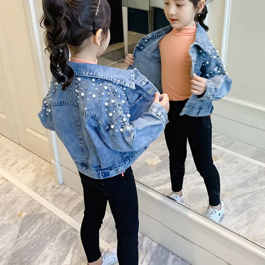Jaqueta jeans de manga comprida com miçangas para meninas