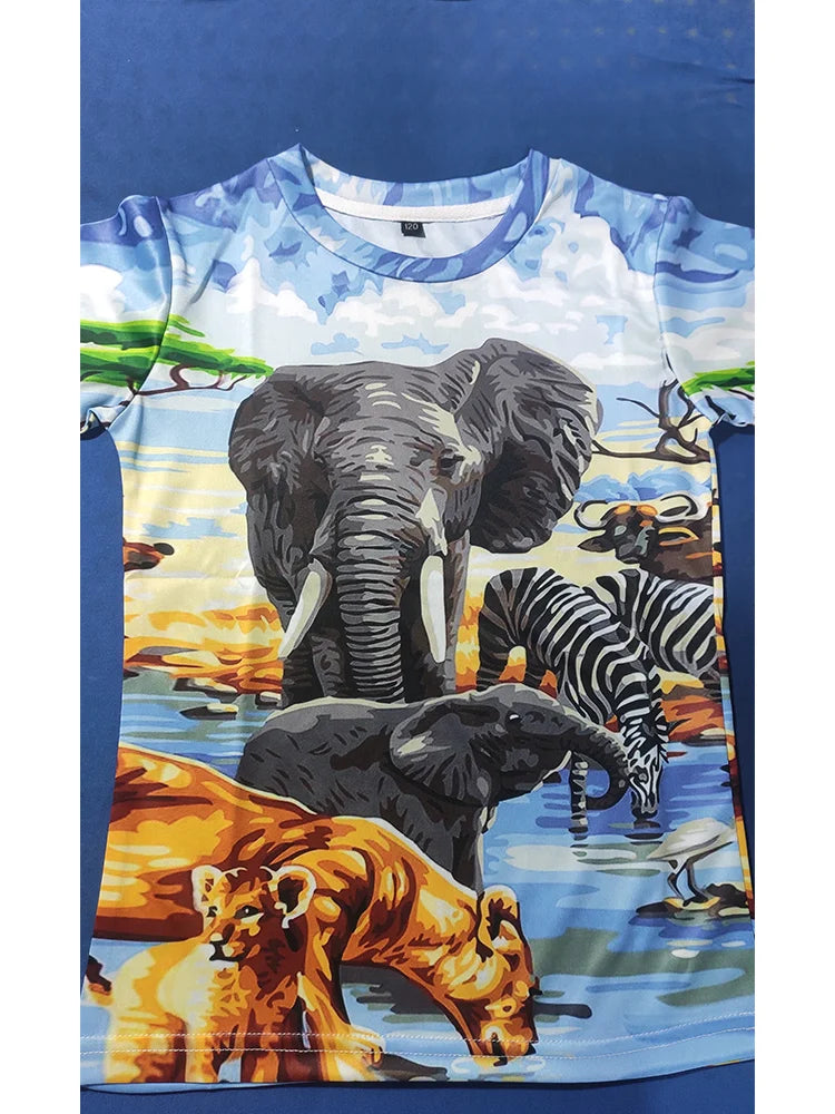 Camiseta para meninos com estampa de dinossauro de manga curta casual 3-14 anos