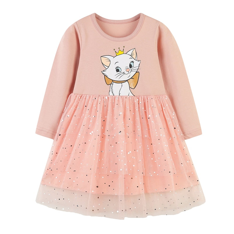 Vestido infantil feminino com manga comprida e desenhos animados