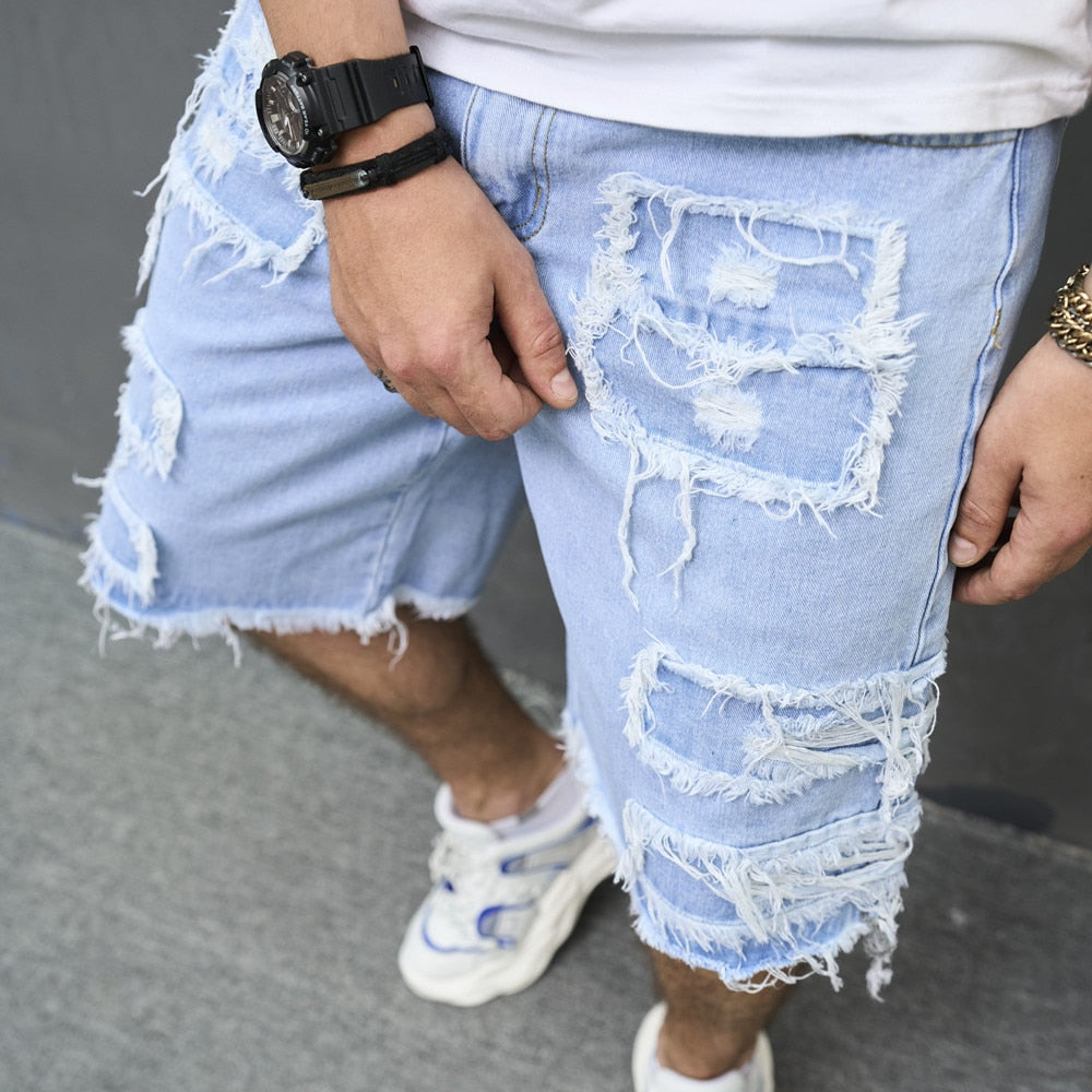 Shorts jeans com remendo rasgado elegante sólido casual
