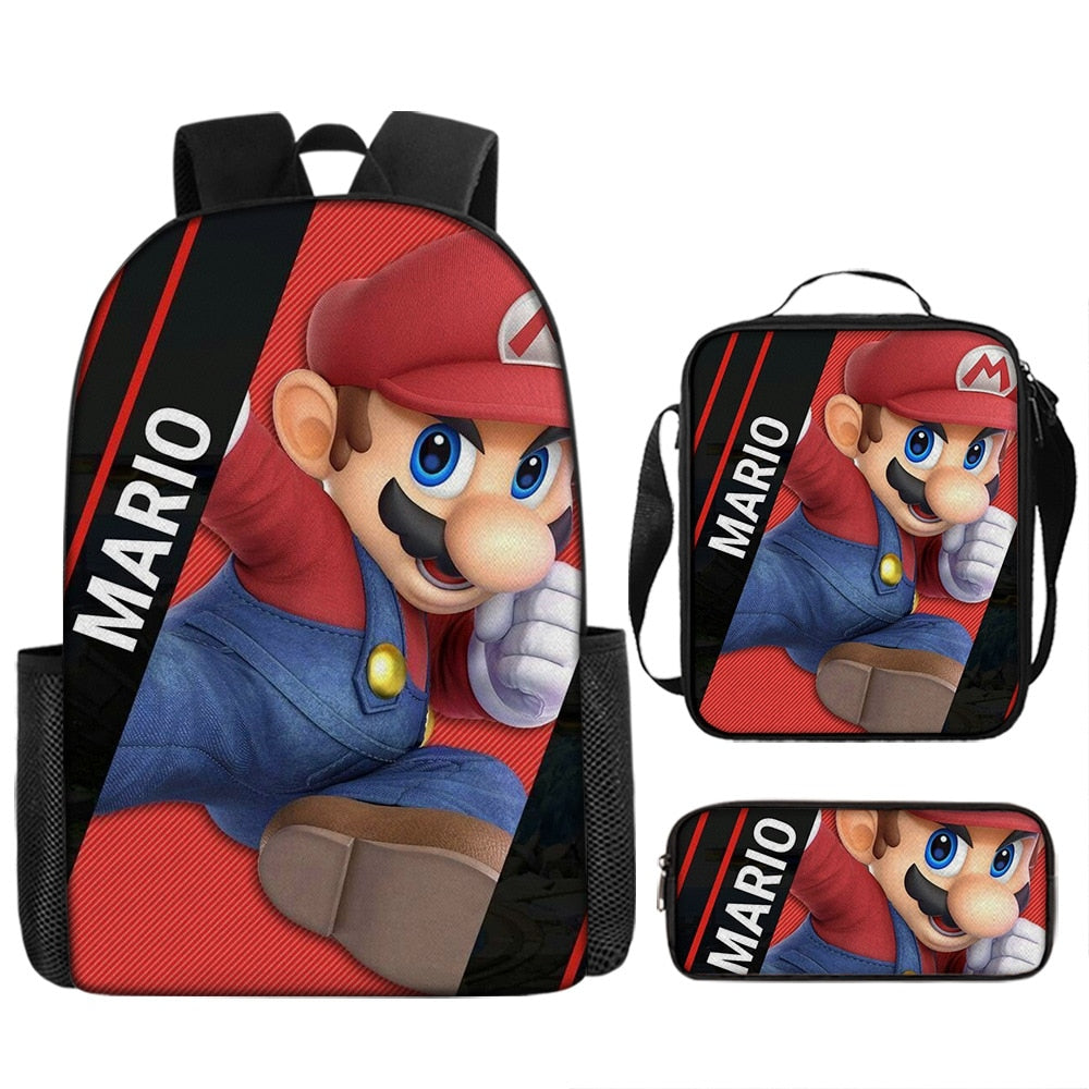 Kit escolar infantil do anime Super Mario com 3 peças bolsa +lancheira + estojo