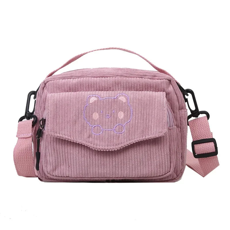 Bolsa transversal fofa em veludo cotelê para meninas estilo casual