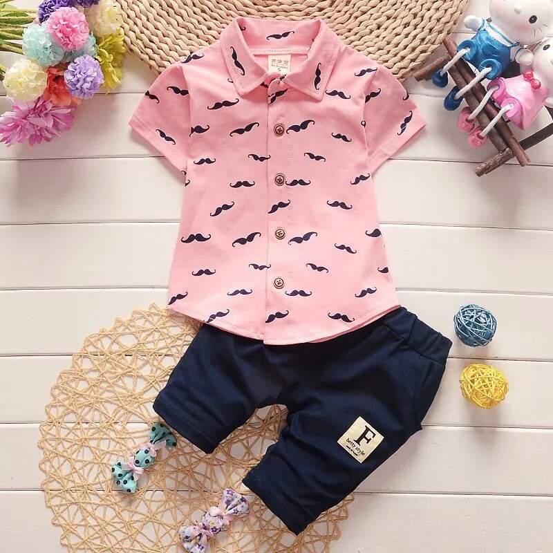 Conjunto infantil de menino moda verão: camisa curta polo + short de algodão com bolsos