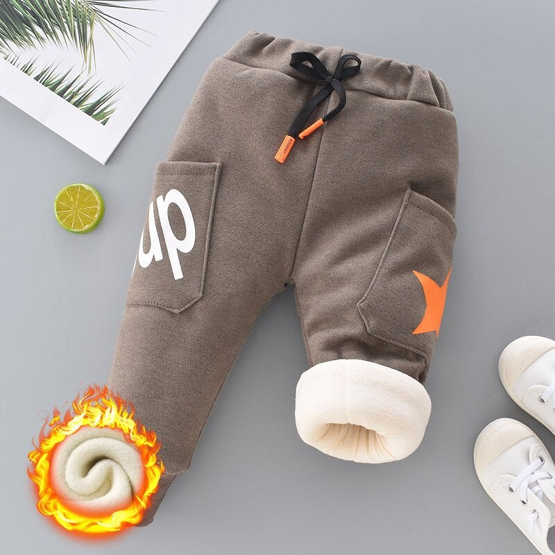 Calça infantil masculina com cintura elástica e velo acolchoado