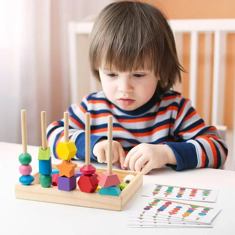 Quebra-cabeça de correspondência Montessori de madeira colorido frisado brinquedo cognitivo de educação infantil