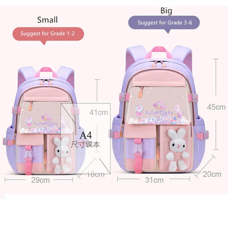 Mochila infantil para meninas com vários bolsos e coelhinho fofo