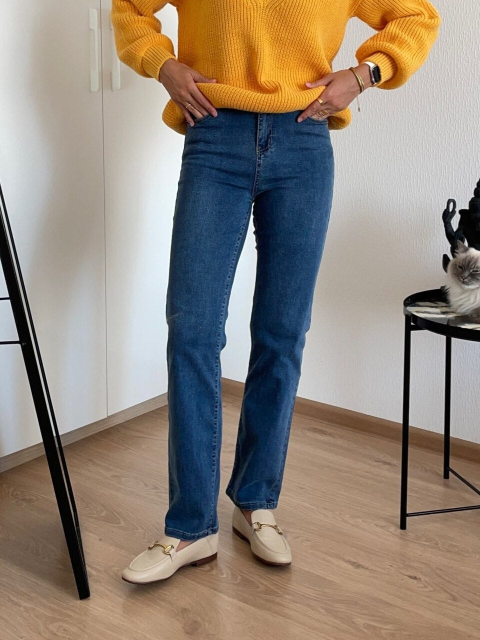 Calça jeans reta feminina de cintura alta vintage clássico