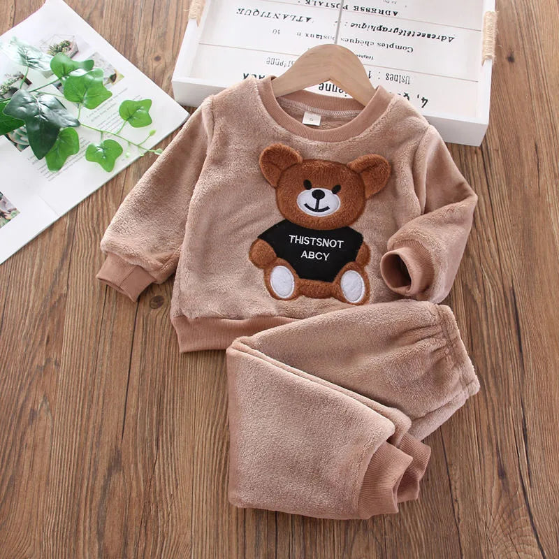 Conjunto de roupas de inverno infantil com 2 peças de lã unissex com desenho de ursinho fofo