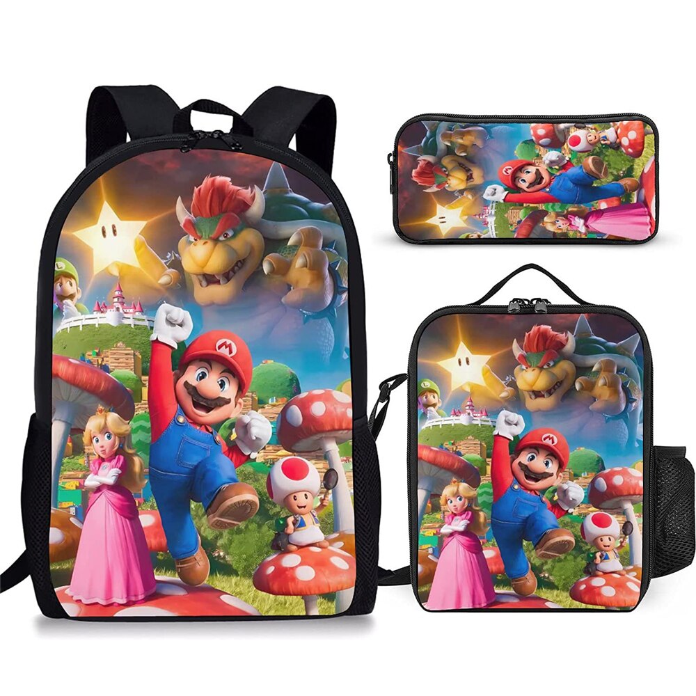 Kit escolar infantil do anime Super Mario com 3 peças bolsa +lancheira + estojo